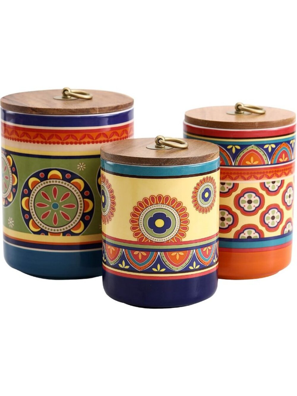 Tunisian Ceramic Canister Set of 3 with Wooden Lid - Food Storage Jars for
